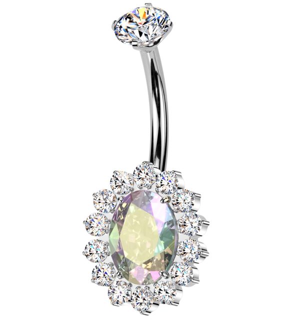 Gild Oval Rainbow Aurora CZ Titanium Internally Threaded Belly Button Ring For Sale