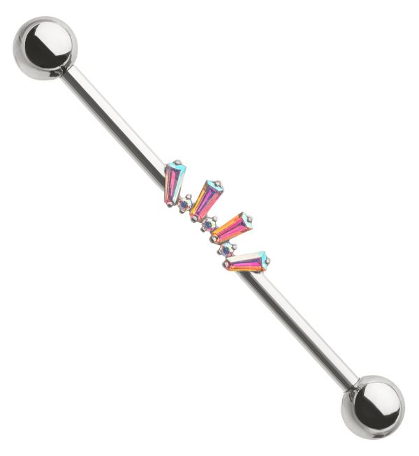 Alternate Rainbow Aurora and Clear CZ Arch Internally Threaded Titanium Industrial Barbell For Cheap