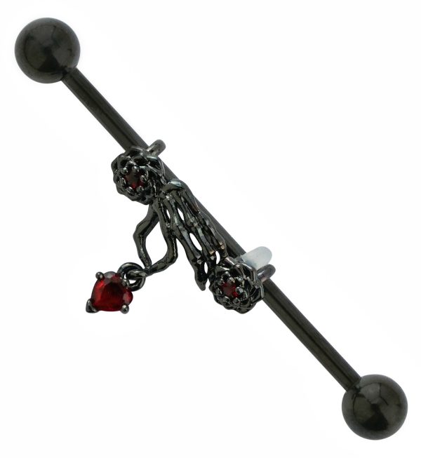 Black PVD Gothic Skeleton Hand Dangle Heart Industrial Barbell Cheap