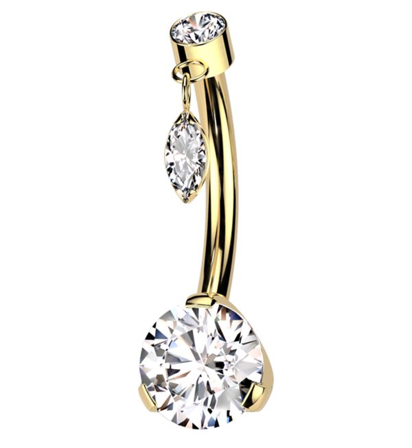 Gold PVD Oval Dangle Clear CZ Titanium Threadless Belly Button Ring Sale