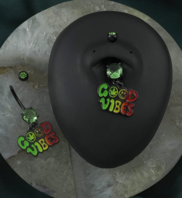 Black PVD Good Vibes Green CZ Stainless Steel Belly Button Ring For Sale