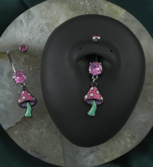 Pink Mushroom Pink CZ Stainless Steel Belly Button Ring Online now