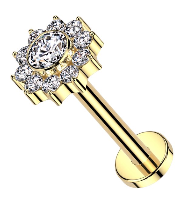 Gold PVD Pave Flower Clear CZ Internally Threaded Titanium Labret Sale