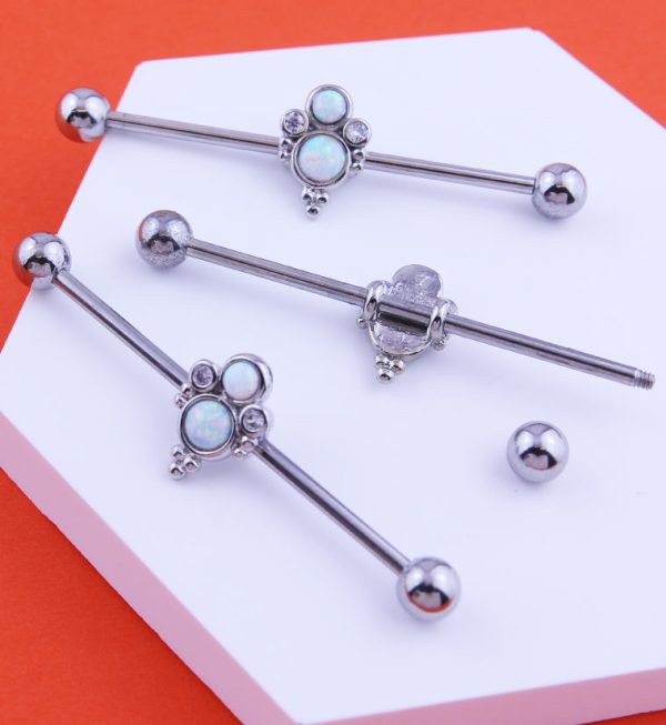 Beaded Double White Opalite Stainless Steel Industrial Barbell Online - Image 2
