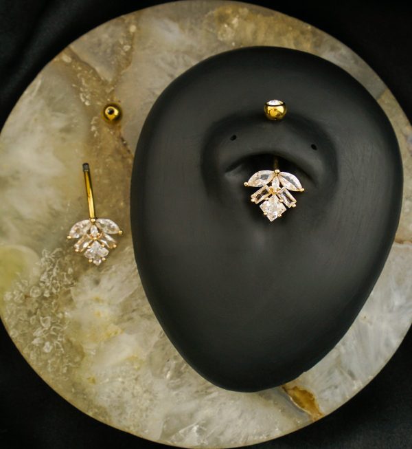 Gold PVD Geometric Leaf Cluster Clear CZ Titanium Belly Button Ring Online Sale - Image 2