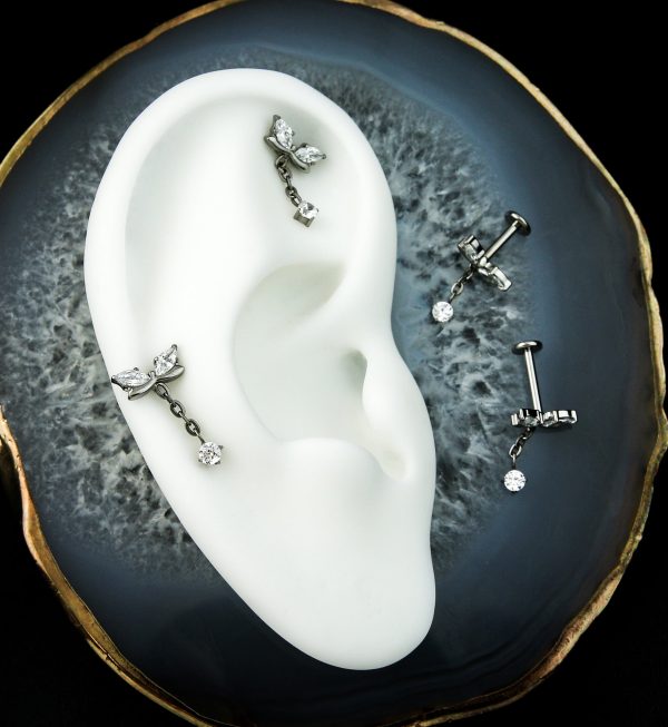 Marquise Bow Clear CZ Dangle Internally Threaded Titanium Labret Post For Sale - Image 2