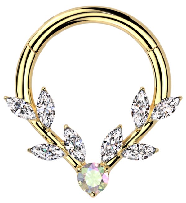 Gold PVD Laurel Vine Clear And Rainbow Aurora CZ Stainless Steel Hinged Segment Ring Cheap