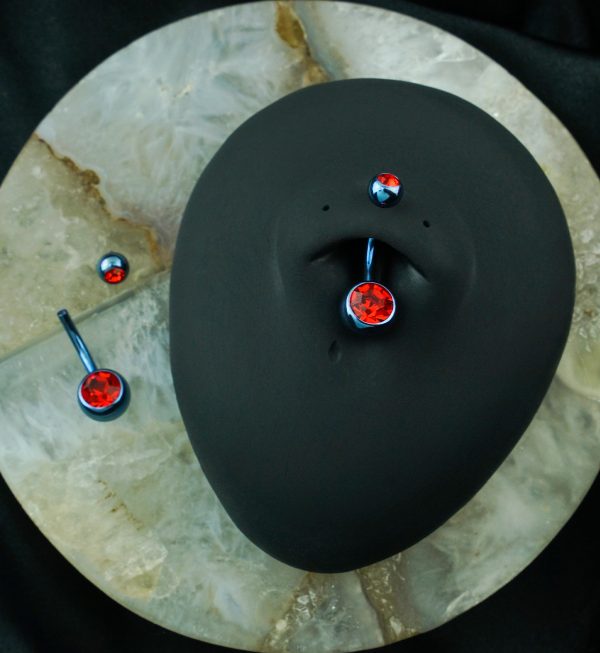 Blue Anodized Faceted Red CZ Internally Threaded Titanium Belly Button Ring Discount