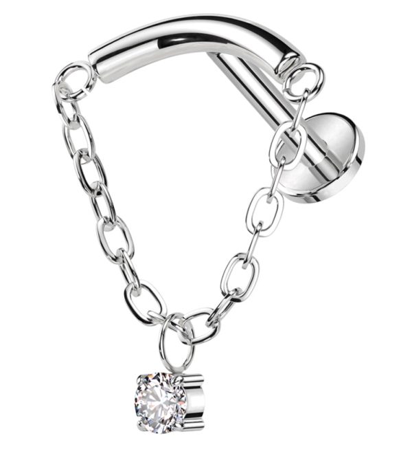 Curved Bar Dangle Clear CZ Chain Titanium Internally Threaded Labret Sale