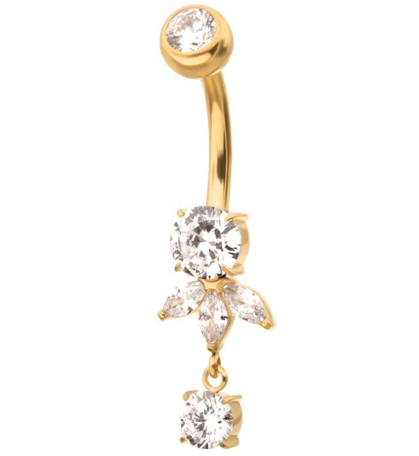 24kt Gold PVD Clear CZ Teardrop Dangle Titanium Belly Button Ring Sale