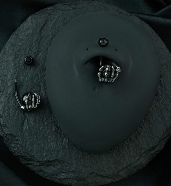 Black PVD Skeletal Palm Black Onyx And Hematite Belly Button Ring Hot on Sale - Image 2