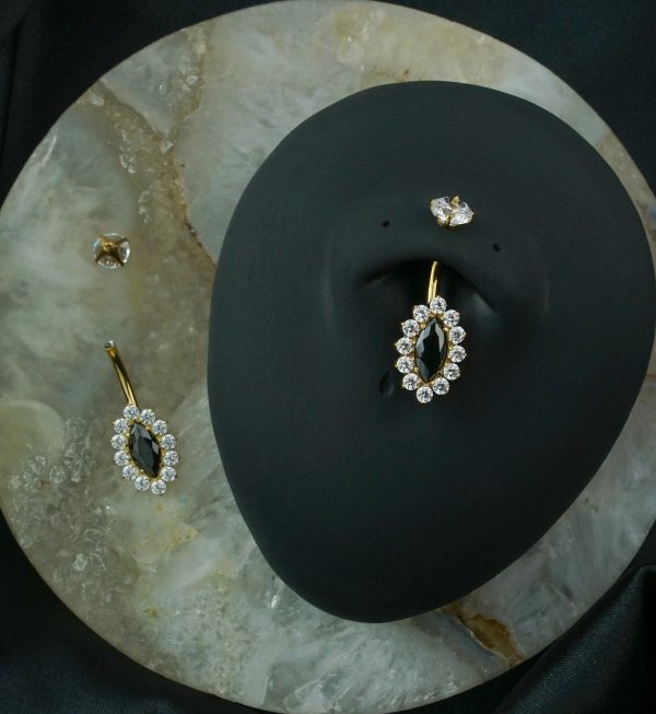 Gold PVD Ovoid Marquise Black CZ Titanium Internally Threaded Belly Button Ring For Cheap - Image 2