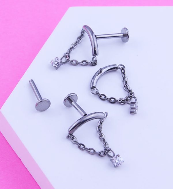 Curved Bar Dangle Clear CZ Chain Titanium Internally Threaded Labret Sale - Image 2