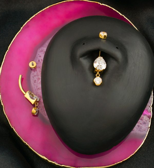 Gold PVD Teardrop Clear CZ Dangle Titanium Internally Threaded Belly Button Ring Online now - Image 2