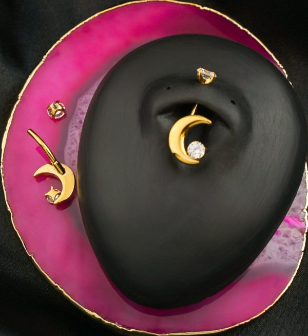 Gold PVD Thick Crescent Clear CZ Titanium Internally Threaded Belly Button Ring For Sale - Image 2