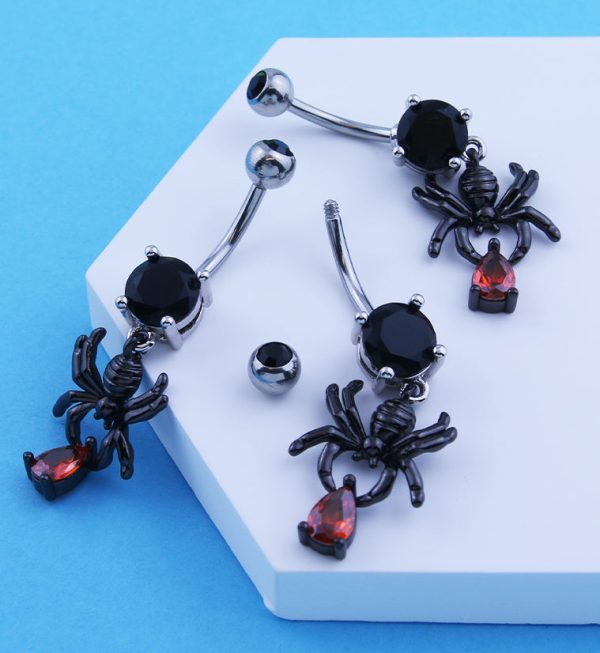 Black PVD Spider Dangle Teardrop Red CZ Stainless Steel Belly Button Ring Online - Image 2
