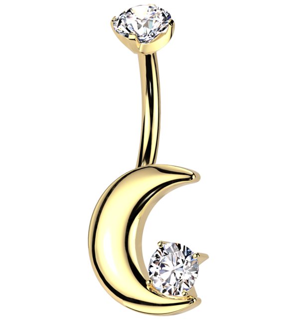 Gold PVD Thick Crescent Clear CZ Titanium Internally Threaded Belly Button Ring For Sale