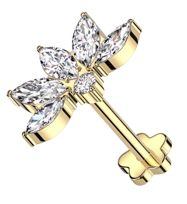 Gold PVD Lotus Flower Clear CZ Threadless Titanium Flower Back Labret Online now