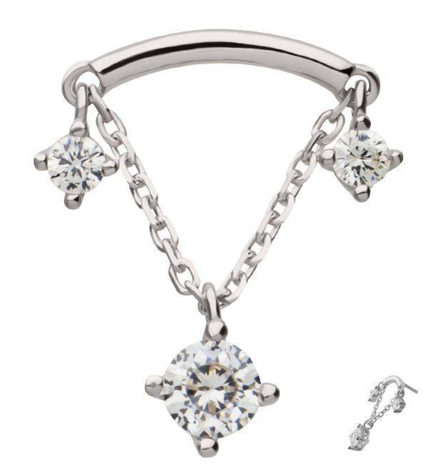 14kt White Gold Curve Bar Dangle Triple Clear CZ Threadless Top Online Sale