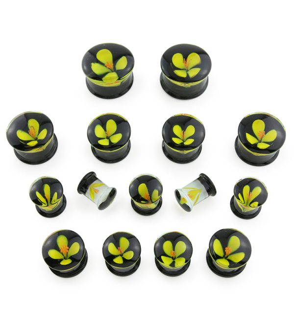 Yellow Poppy Flower Black Glass Double Flare Plugs Online Sale - Image 3