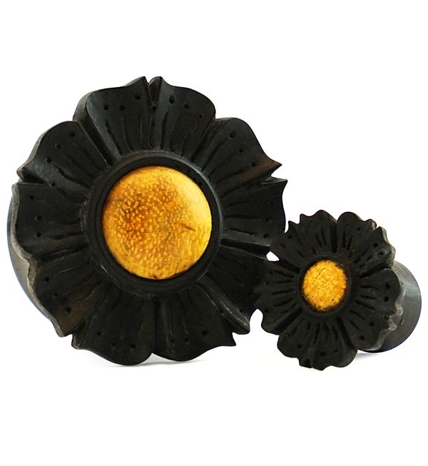 Floral Mayan Flared Wooden Plugs with Jackfruit Wood Inlay Cheap