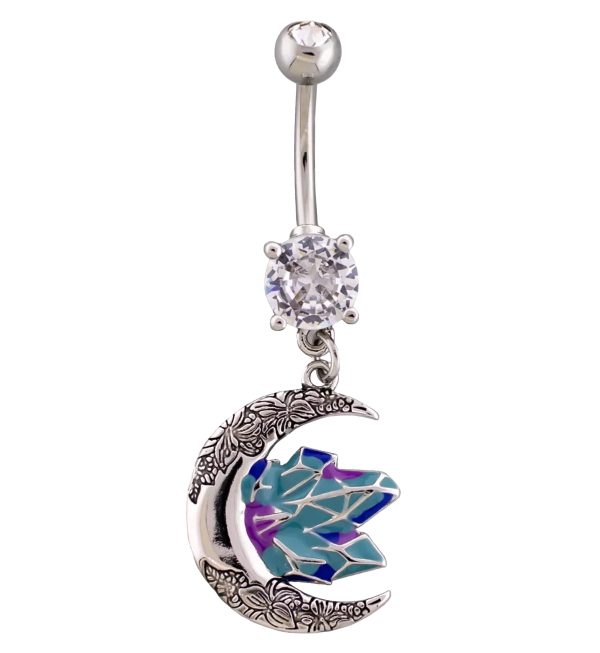 Floral Moon And Crystals Clear CZ Dangle Stainless Steel Belly Button Ring on Sale