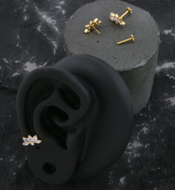 Gold PVD Lotus Flower Clear CZ Threadless Titanium Flower Back Labret Online now - Image 2