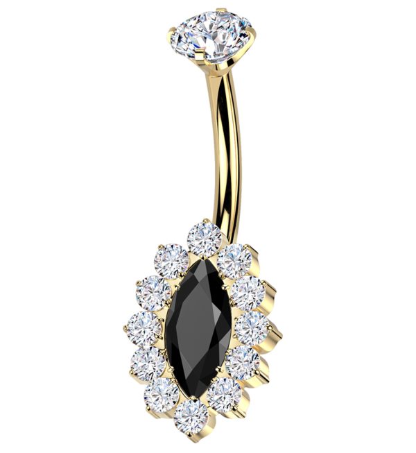 Gold PVD Ovoid Marquise Black CZ Titanium Internally Threaded Belly Button Ring For Cheap