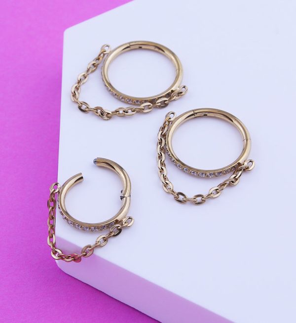 Gold PVD Side Facing Clear CZ Row Dangle Chain Hinged Segment Ring Online Sale - Image 2