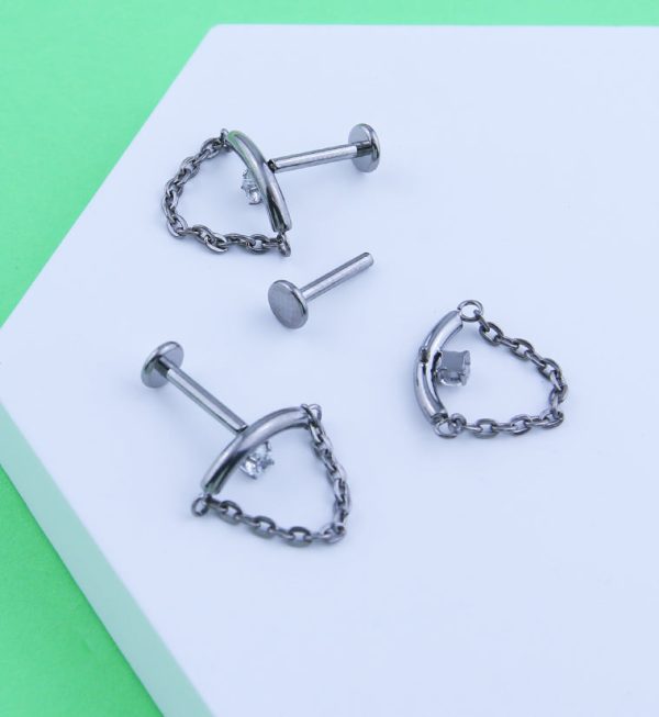 Curved Bar Clear CZ Dangle Chain Titanium Internally Threaded Labret Hot on Sale - Image 2