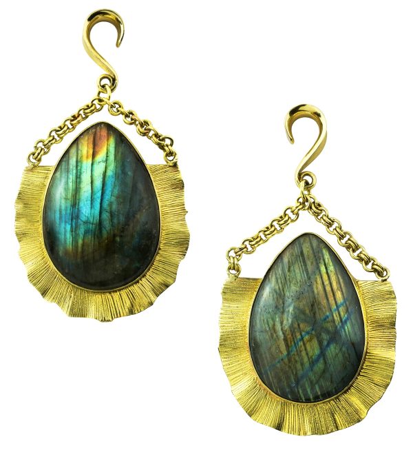 Teardrop Score Labradorite Stone Hanging Brass Ear Weights Cheap