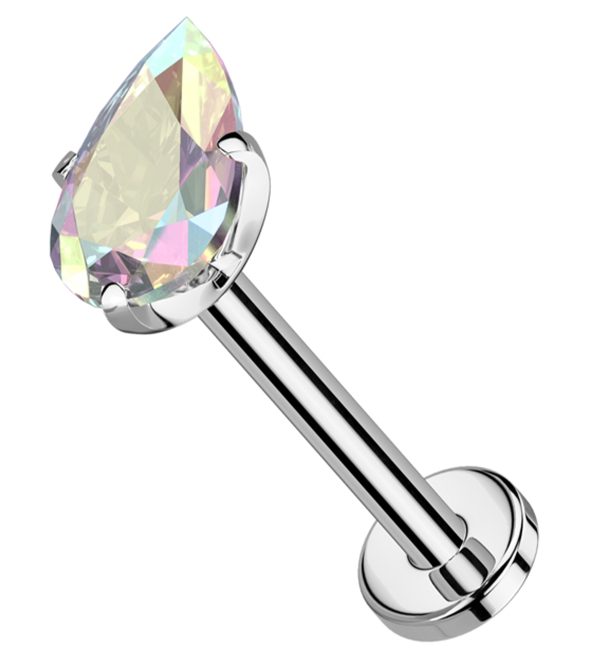 Prong Teardrop Rainbow Aurora CZ Threadless Titanium Flat Disk Labret Online now
