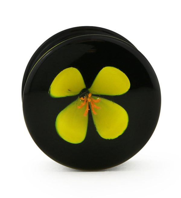 Yellow Poppy Flower Black Glass Double Flare Plugs Online Sale - Image 4