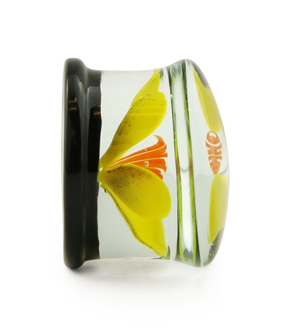 Yellow Poppy Flower Black Glass Double Flare Plugs Online Sale - Image 5