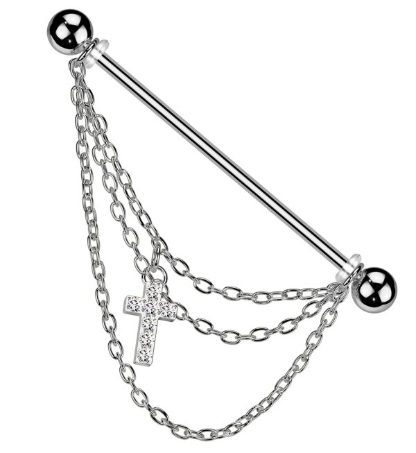 Cross Triple Chain Clear CZ Stainless Steel Industrial Barbell Sale