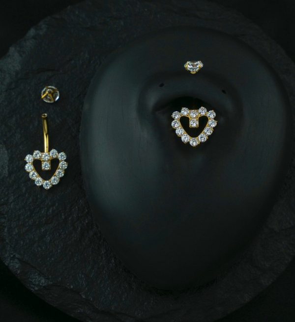 Gold PVD Hollow Heart Clear CZ Titanium Internally Threaded Belly Button Ring For Sale - Image 2