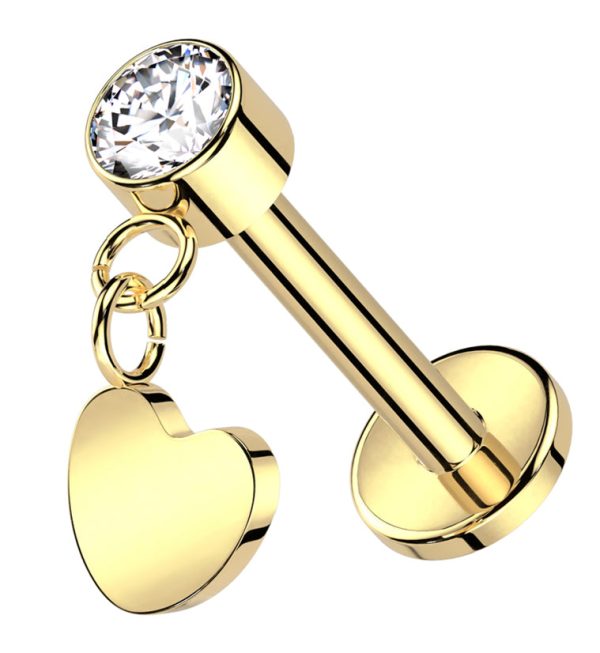 Gold PVD Heart Dangle Clear CZ Titanium Threadless Labret For Sale