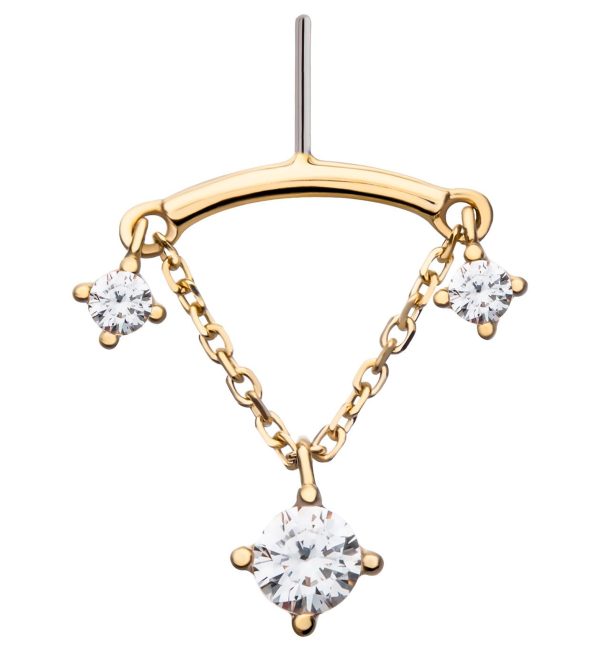 14kt Gold Hidden Curved Bar Triple Clear CZ Dangle Chain Threadless Top on Sale