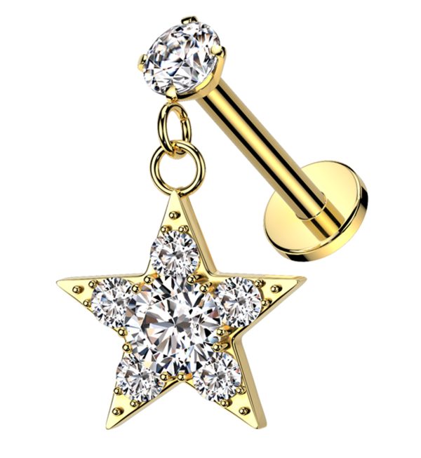 Gold PVD Star Dangle Clear CZ Internally Threaded Stainless Steel Labret Online Sale