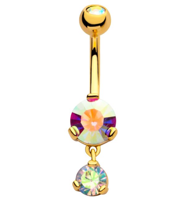 Gold PVD Round Rainbow Aurora CZ Dangle Stainless Steel Belly Button Ring Online now
