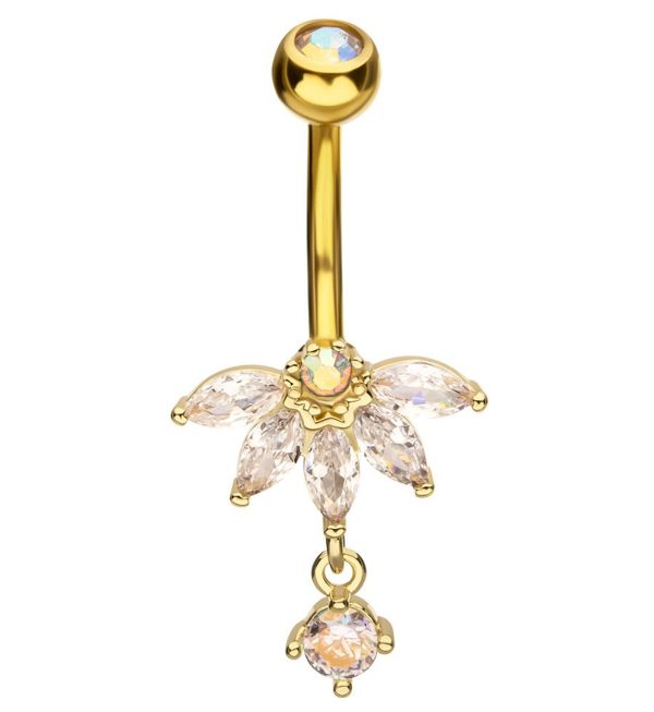 Gold PVD Half Flower Clear And Rainbow Aurora CZ Dangle Stainless Steel Belly Button Ring For Discount