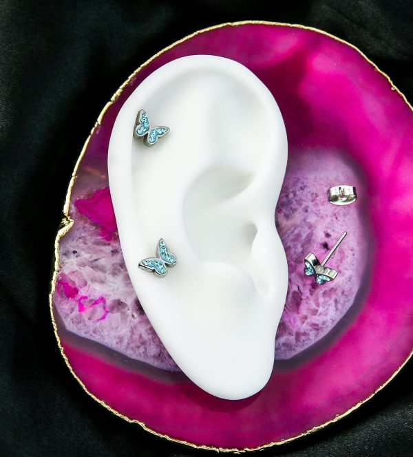 Butterfly Aqua CZ Stainless Steel Stud Earrings For Cheap - Image 2