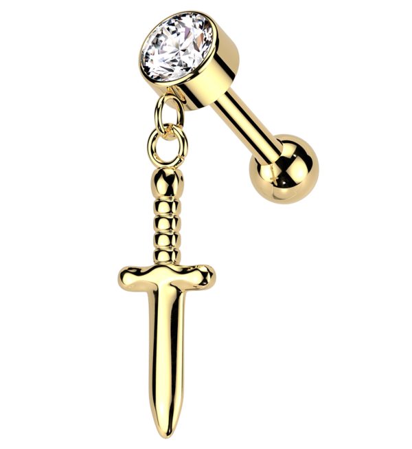 Gold PVD Dangling Dagger Clear CZ Threadless Titanium Cartilage Barbell For Discount