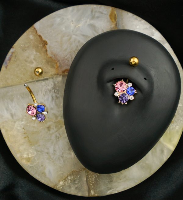 Gold PVD Multi-Color CZ Cluster Stainless Steel Belly Button Ring For Cheap - Image 2