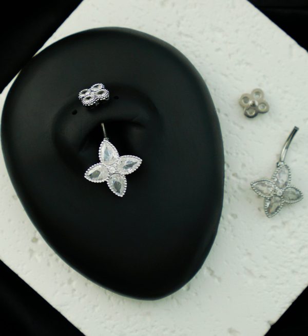 Beaded Teardrop Flower Clear CZ Stainless Steel Belly Button Ring on Sale - Image 2
