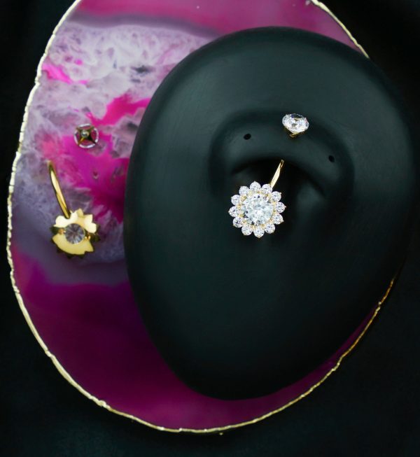 Gold PVD Clear CZ Bold Flower Titanium Internally Threaded Belly Button Ring For Sale - Image 2