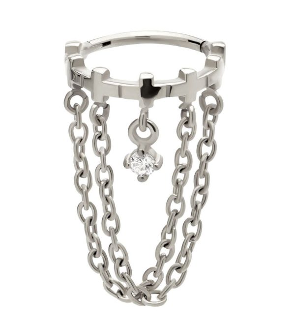Cross Row Dangle Clear CZ Double Chain Stainless Steel Hinged Segment Ring Cheap