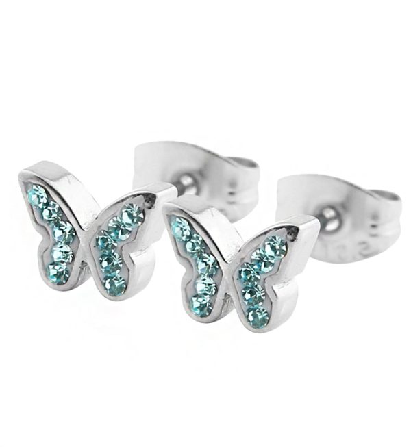 Butterfly Aqua CZ Stainless Steel Stud Earrings For Cheap