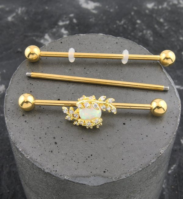 Gold PVD White Opalite Circle Leaves Industrial Barbell For Cheap - Image 2