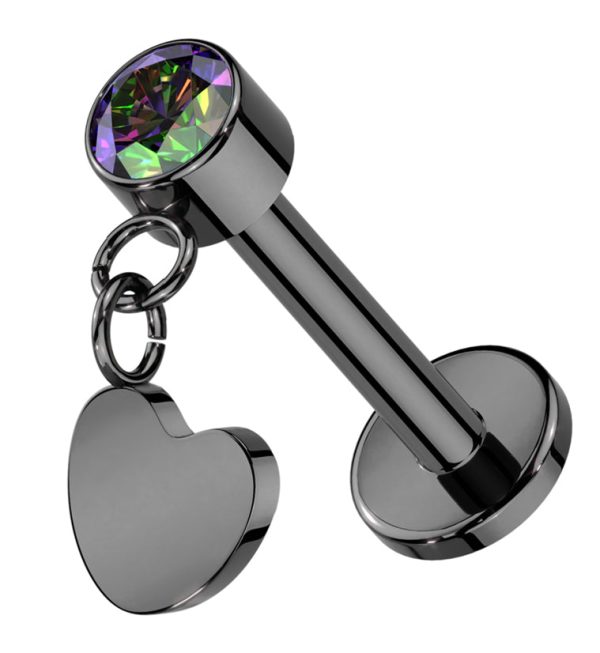 Black PVD Heart Dangle Black Aurora CZ Titanium Threadless Labret For Sale